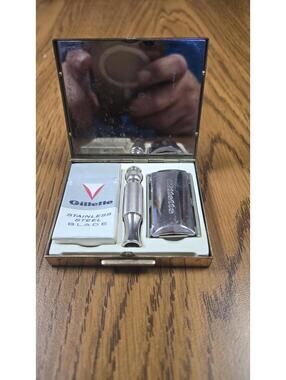 Vintage Gillette Stainless Steel Razor Set with Mirror Case